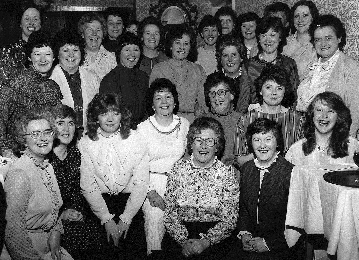The staff of the Telephone Exchange at a party in May 1983 to mark the retirement of Nora Davidson. Back, from the left: Chrissie Sutherland, Cath MacKenzie, Gillean Mackay, Linda Gray, Dorothy Harvey, Eileen Dunbar, Rita Eddy, Beth Chisholm, Yvonne MacKenzie, Elaine Blackhall; middle: Christine MacKenzie, Cheryl Ferguson, Mary Mackay, Anne Cameron, Ena MacBean, Marjory Macdonald, May Corsar; front: Chris Bruce, Anne MacIver, Lorraine McBeath, Christine Williamson, Nora Davidson, Chrissie Harper, Fiona Donaldson, Effie Park, Audrey Donnelly.