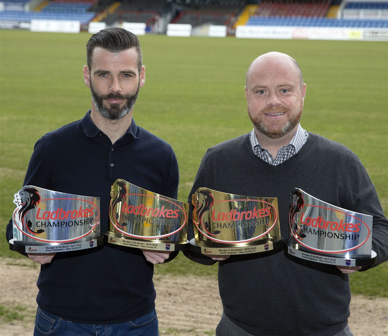 Ross County co-managers Stuart Kettlewell and Steven Ferguson pictured with their Ladbrokes Championship Manager of the Season, as well as their Championship Manager of the Month award for April.