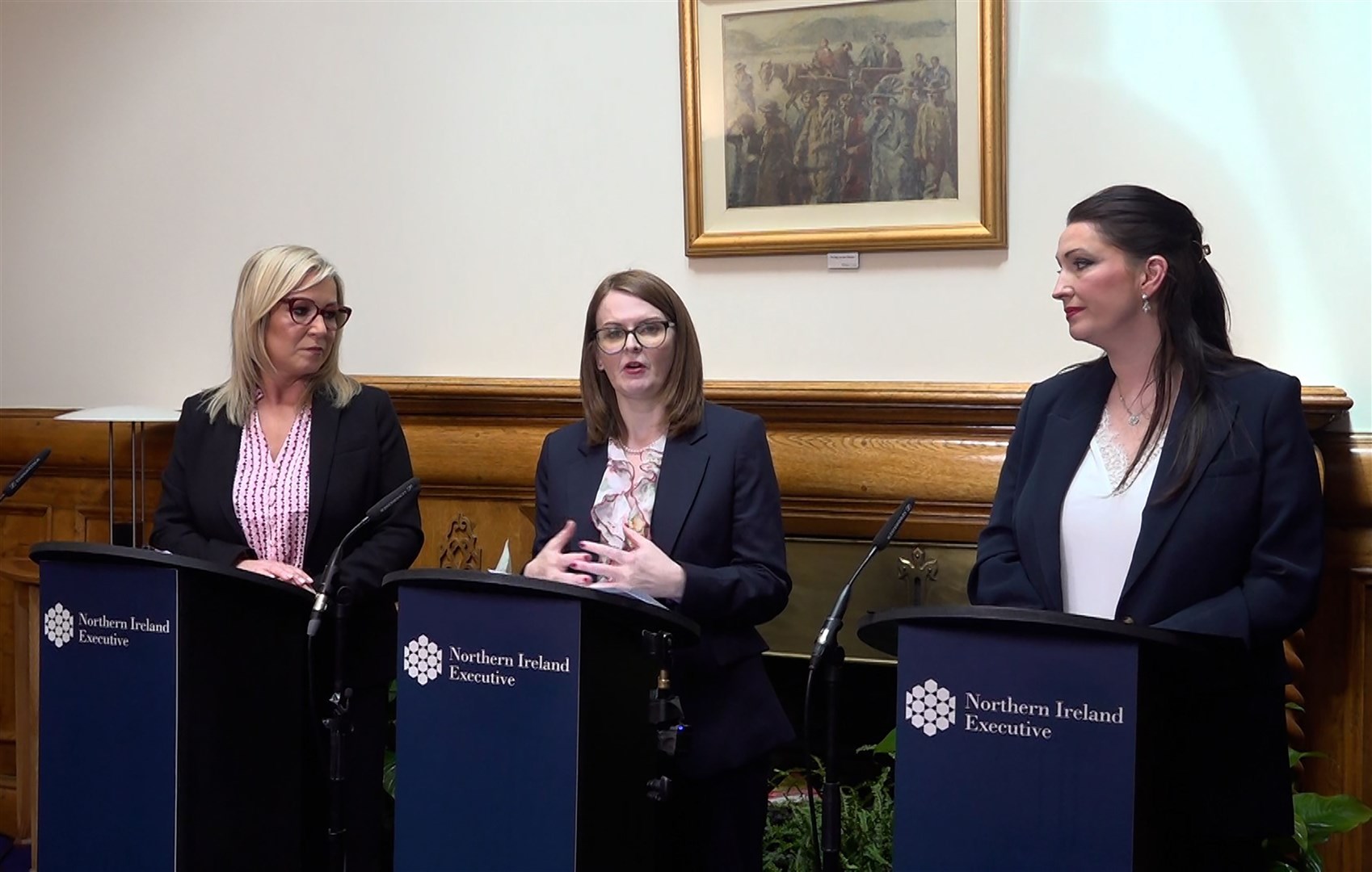 First Minister Michelle O’Neill (left) deputy First Minister Emma Little-Pengelly (right) and Finance Minister Caoimhe Archibald announcing details of the budget (David Young/PA)