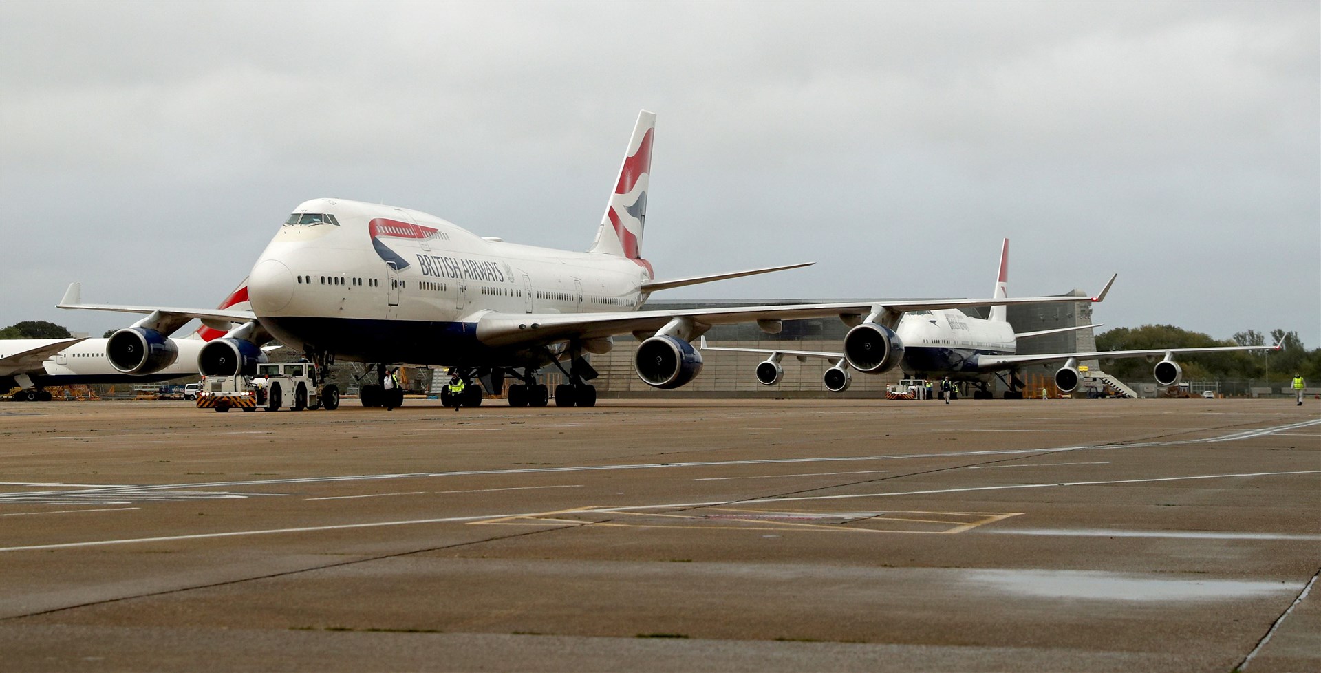 The last two British Airways Boeing 747-400 aircraft, designated G-CIVY (front) and G-CIVB prepare for the final flight from Heathrow Airport (Steve Parsons/PA)