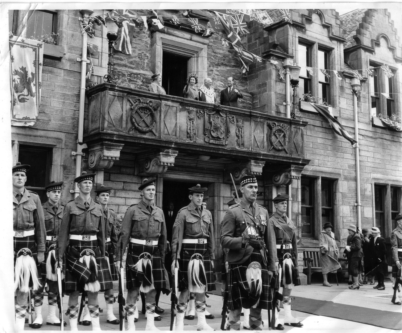 The Queen with soldiers at the Town hall in Dingwall. Picture: Dingwall Museum