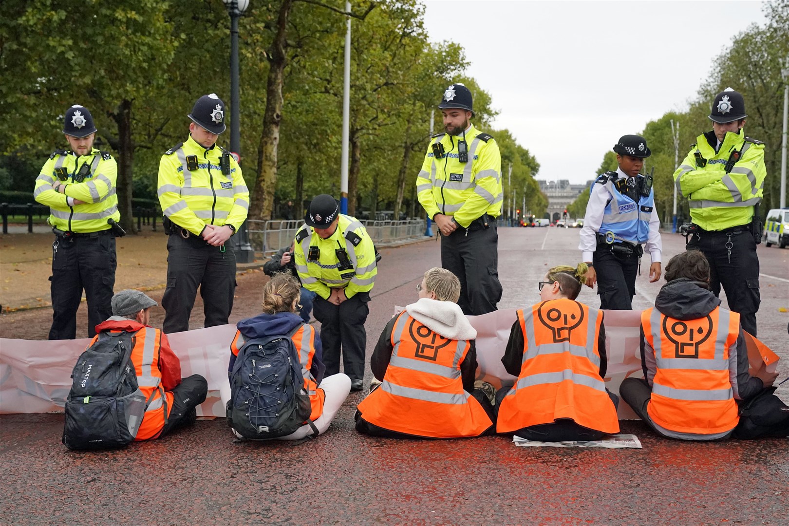 Police speak to campaigners from Just Stop Oil during a protest on The Mall, near Buckingham Palace, London (Jonathan Brady/PA)