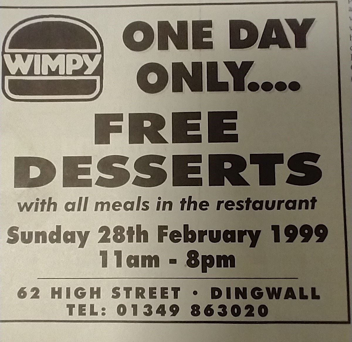Wimpy free desserts ad from 1999.
