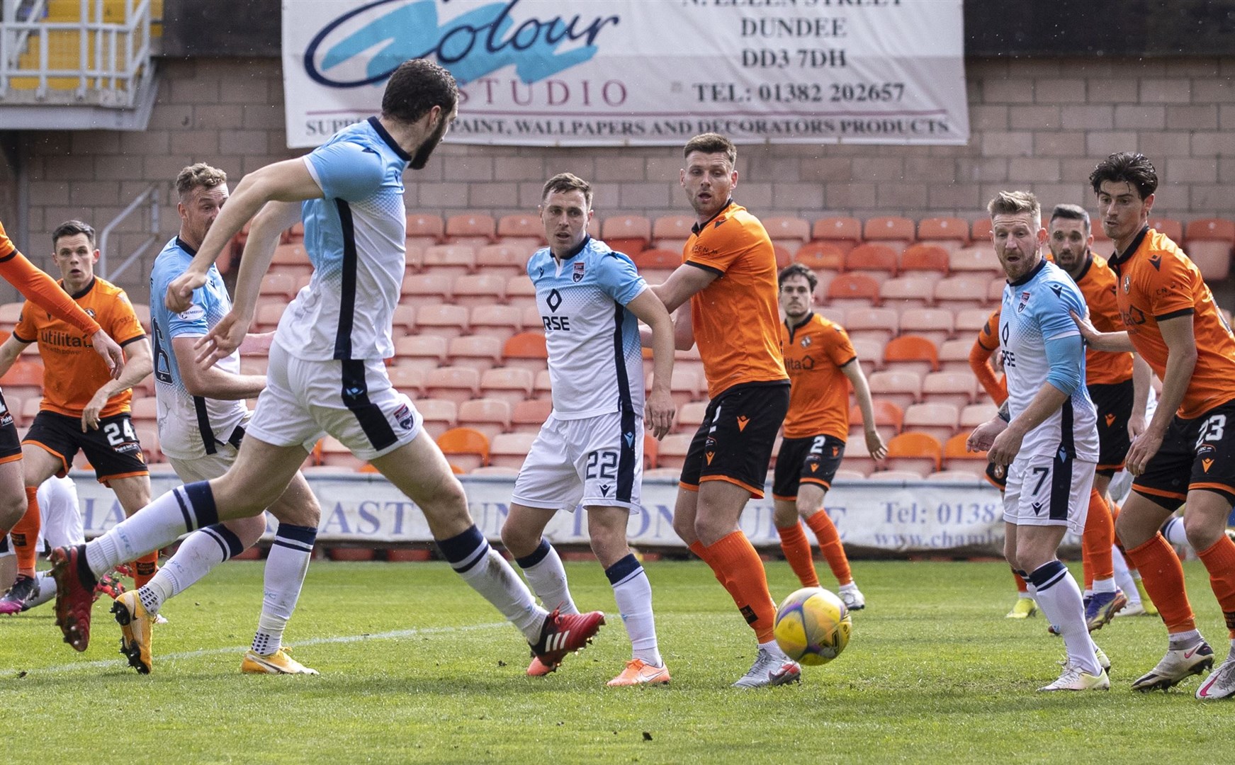 Picture - Ken Macpherson, Inverness. Dundee Utd(0) v Ross County(2). 01.05.21. Ross County's Alex Iacovitti perfectly side-foots the 2nd goal past Dundee Utd 'keeper Deniz Mehmet.