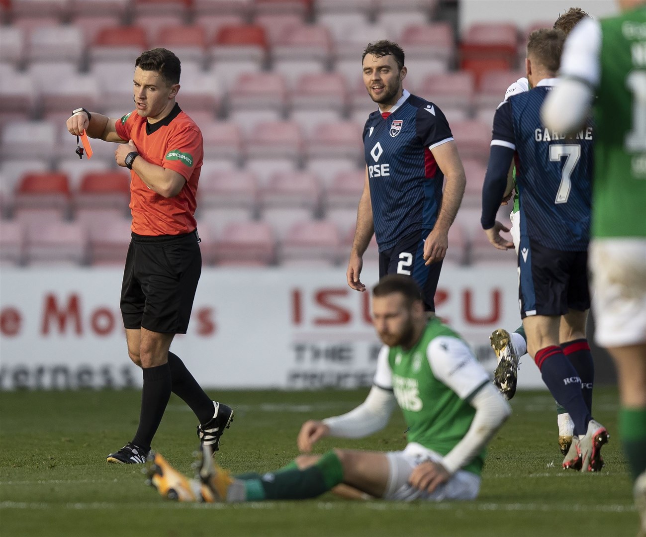 Picture - Ken Macpherson, Inverness. Ross County(0) v Hibs(0). 17.10.20. Ross County's Connor Randall is shown red card after tackle on Hibs’ Martin Boyle - in the Hibs half!