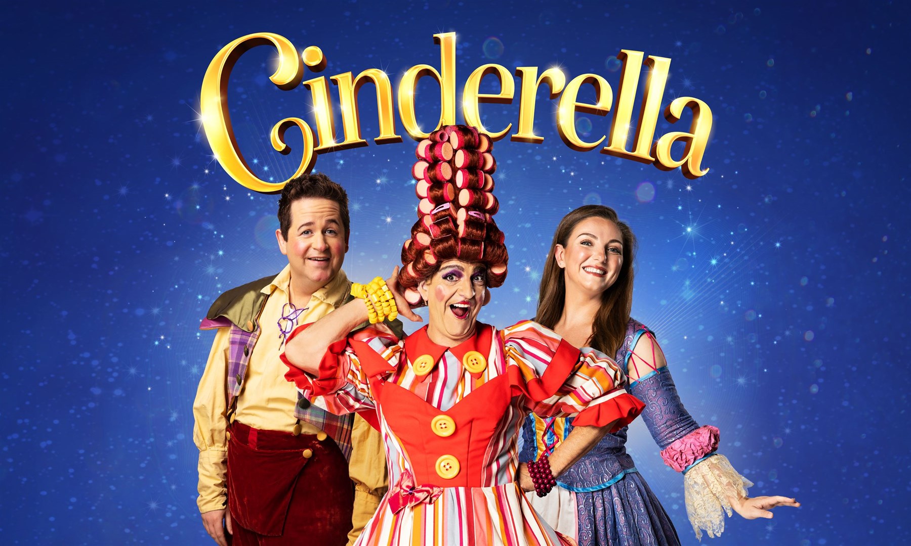 Cinderella with Ross Allan as Buttons, Steven Wren as Nanny Rosie and Jen Neil as Cinderella.