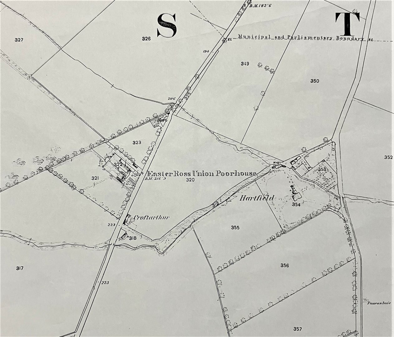 Extract from the Ross and Cromarty Ordnance Survey map showing Easter Ross Union Poorhouse, 1871.
