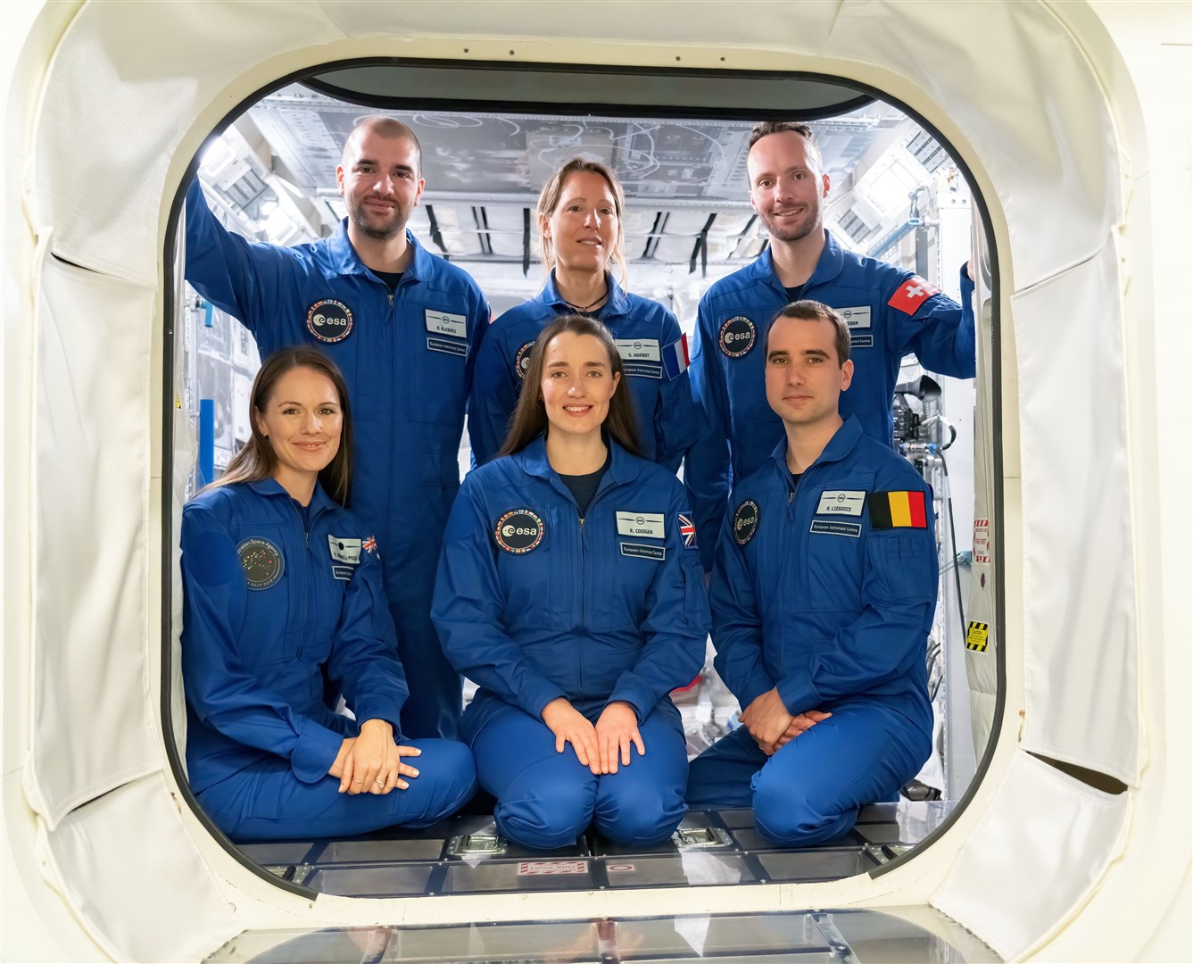Rosemary Coogan, centre, with colleagues, from left, Pablo Alvarez Fernandez, Sophie Adenot, Marco Sieber, Australia’s Katherine Bennell-Pegg and Raphael Liegeois (P. Sebirot/ESA)