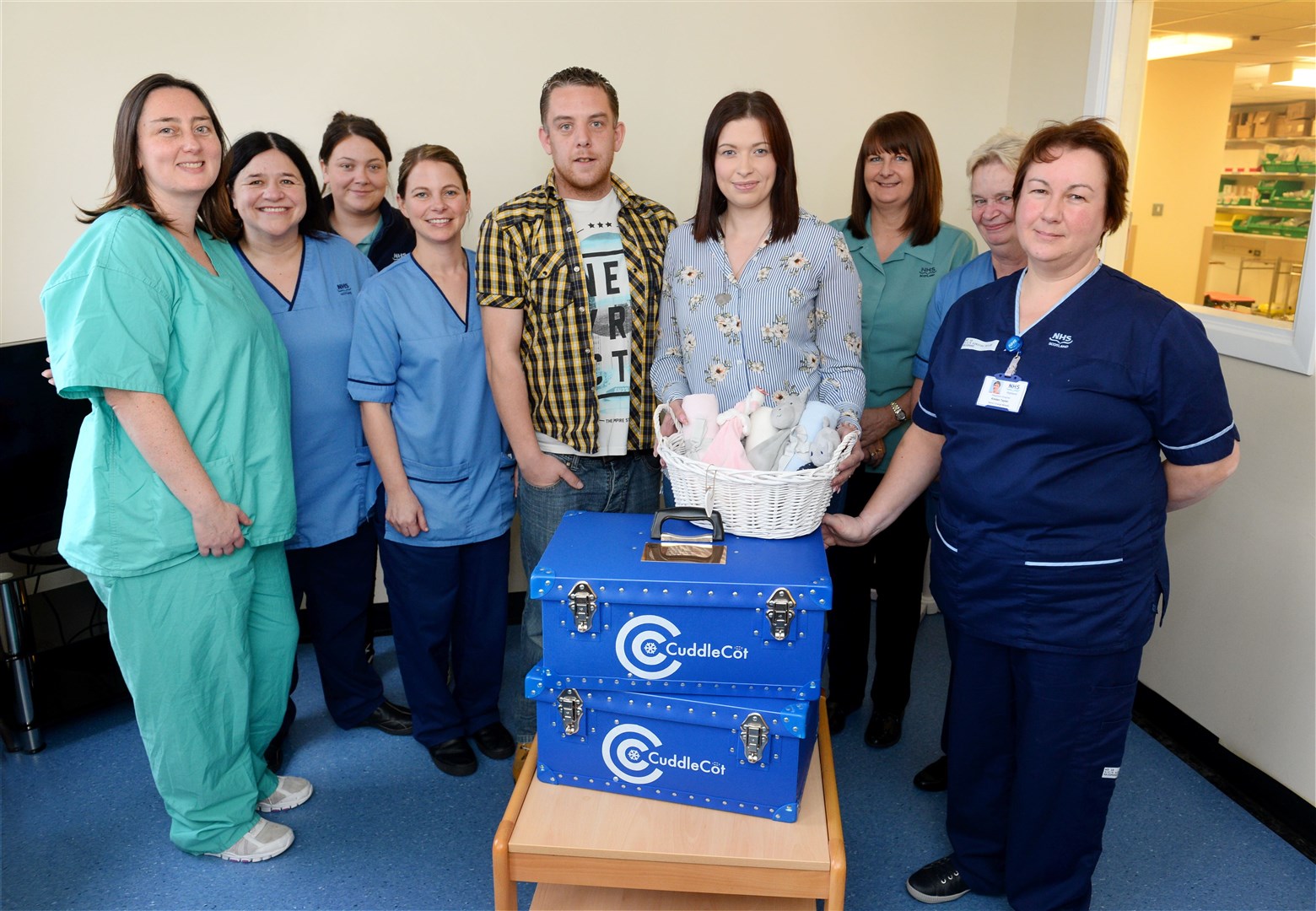 Maternity unit staff are grateful for two cuddle cots from James Gordon and Charlie Vass(centre) in memory of Amelia Lily Gordon..Picture: Gary Anthony. Image No..