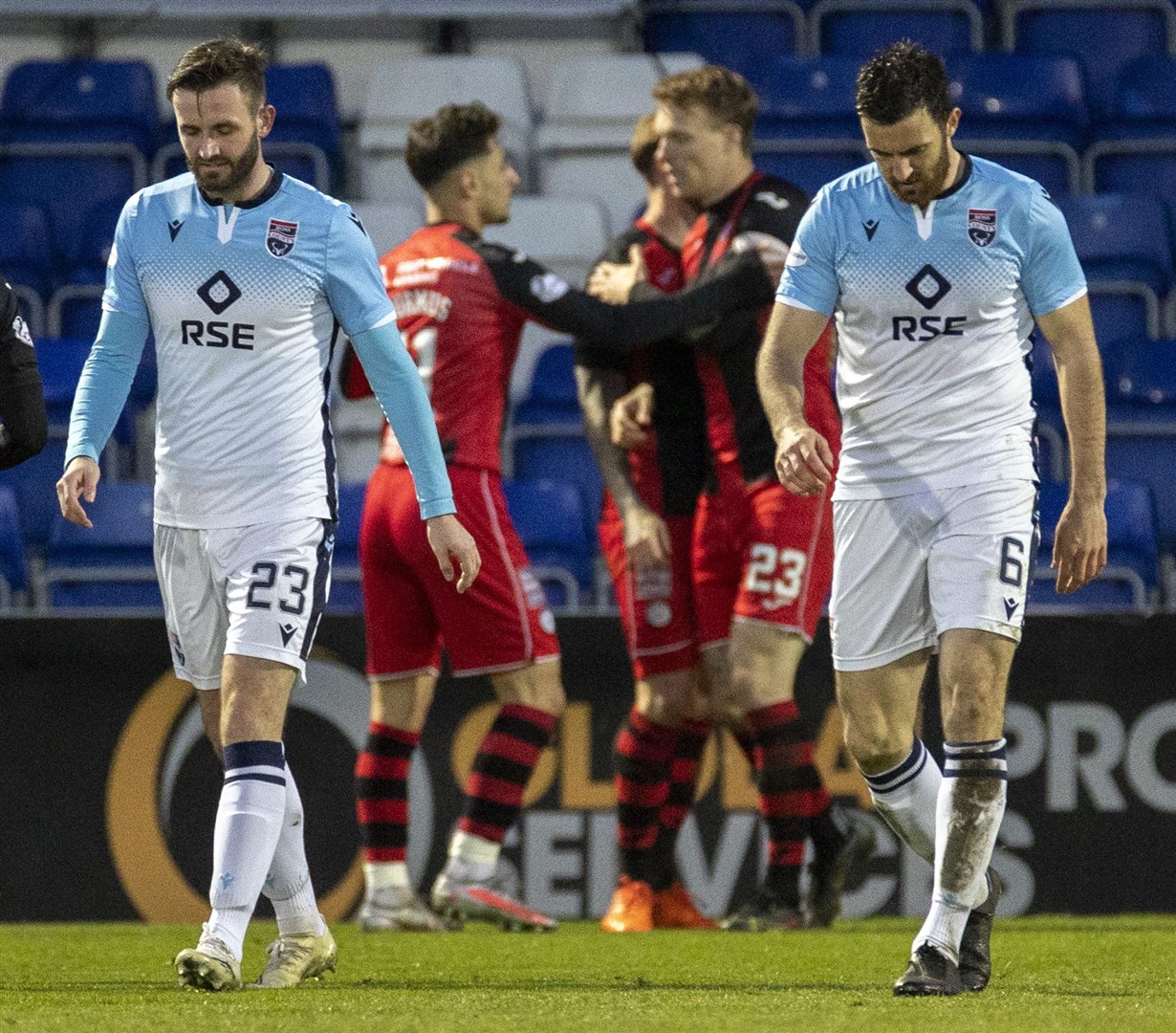 Picture - Ken Macpherson, Inverness. Ross County(1) v St.Mirren(3). 21.04.21. Dejection from Ross County's Alex Iacovitti and Ross Draper after St.Mirren's Lee Erwin had scored the equaliser.