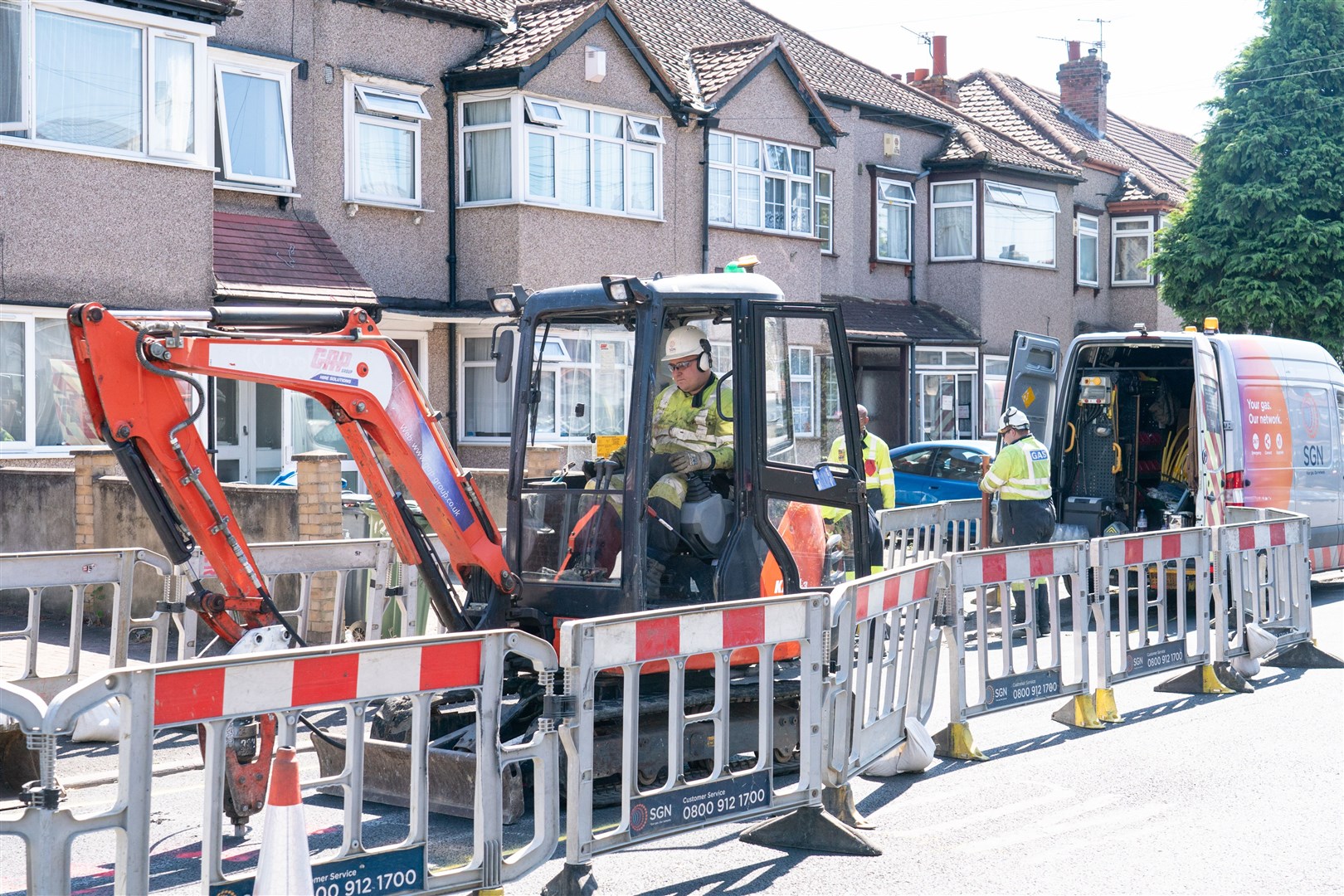 Gas engineers at work near the scene of the explosion on Galpin’s Road in Thornton Heath (Dominic Lipinski/PA)