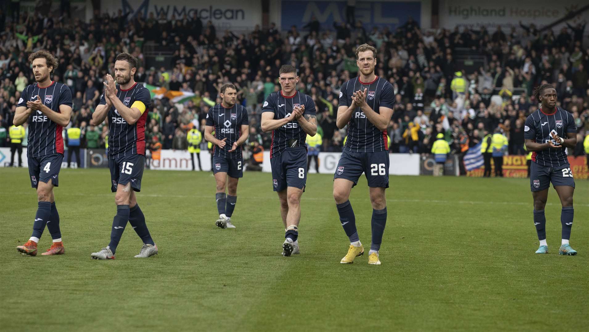 Applauding their fans at the end were Ross County's David Cancola, Ross County's Keith Watson, Connor Randall, Ross Callachan, Jordan White, and Joseph Hungbo.