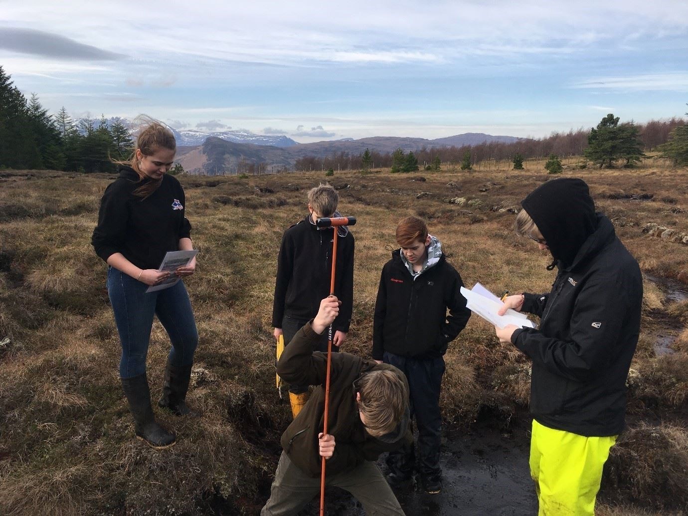 Ullapool High School children conducting a peat depth survey as part of the RuralSkills National 5 course.