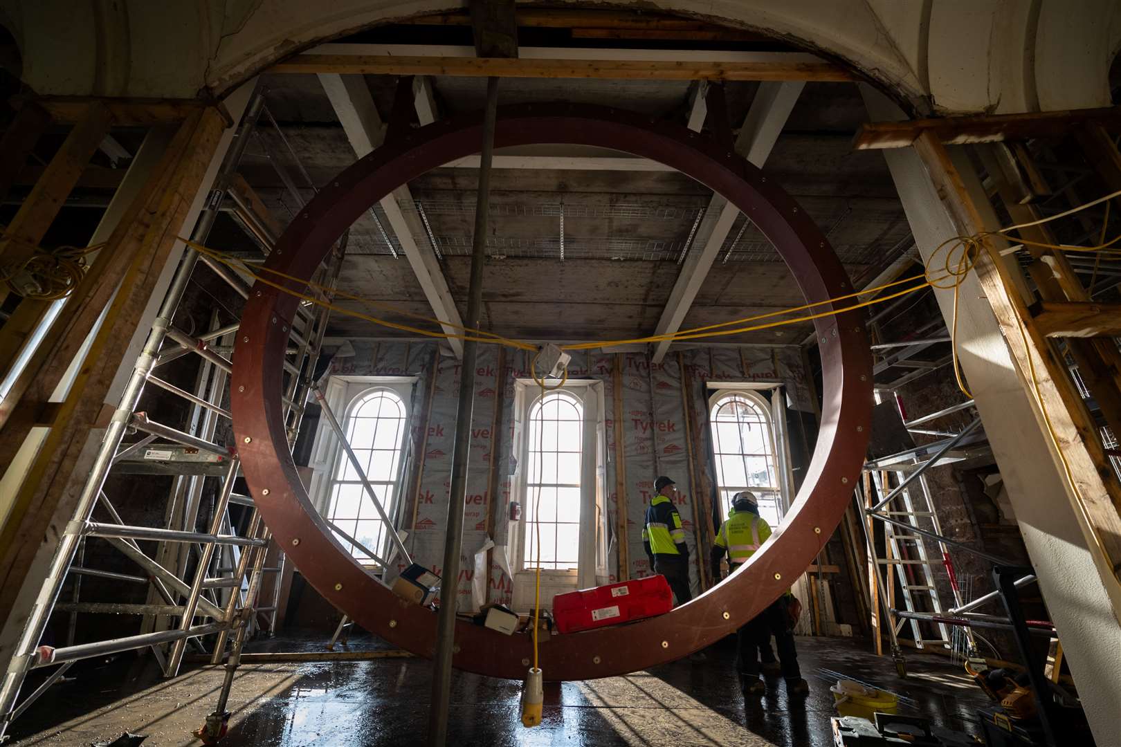 A massive steel frame will hold the Rose Window. Pictures: Callum MacKay.
