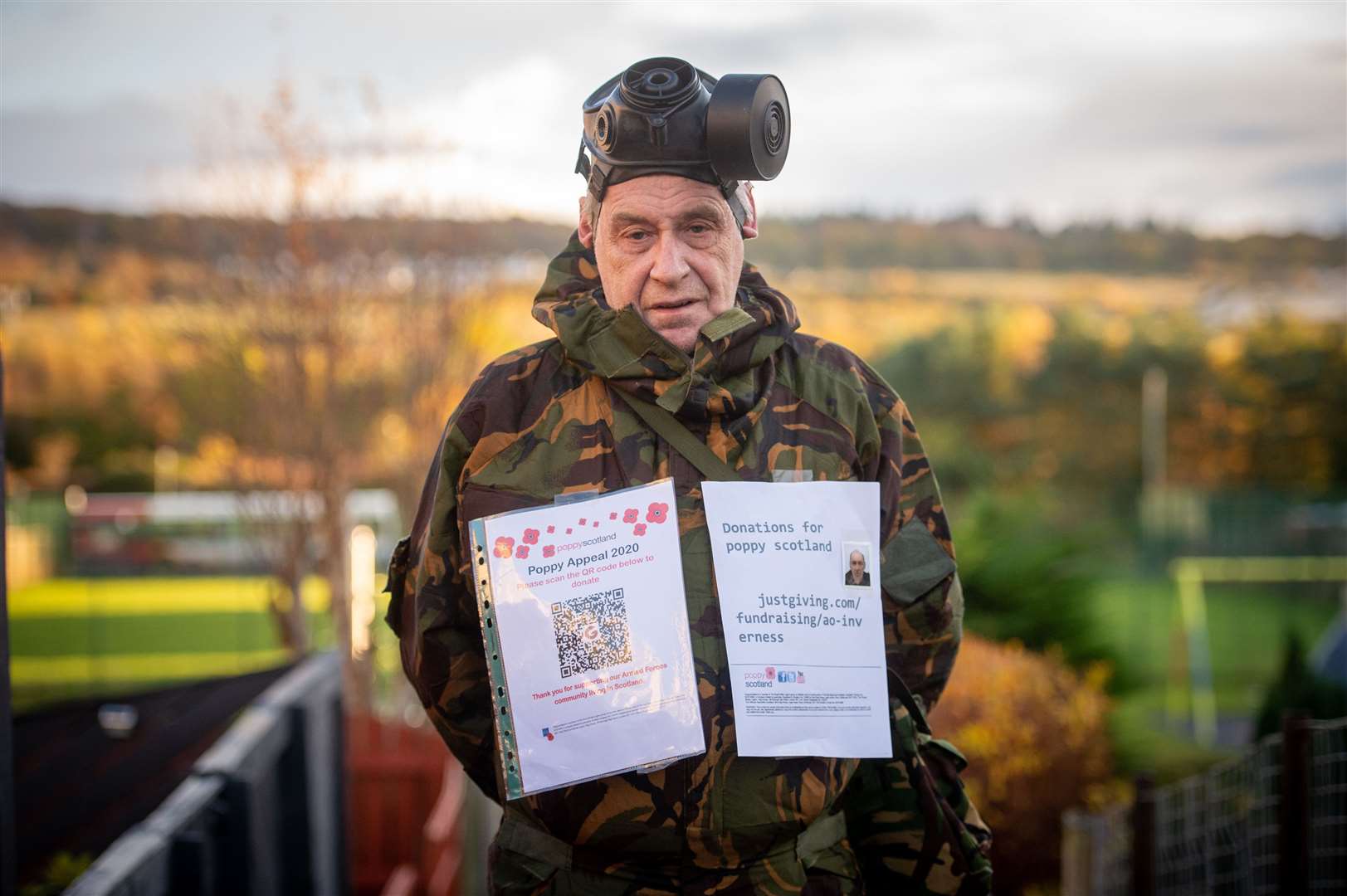 Gordon Macmillan charity walker, in his protective nuclear suit that he will be walking in...Picture: Callum Mackay..