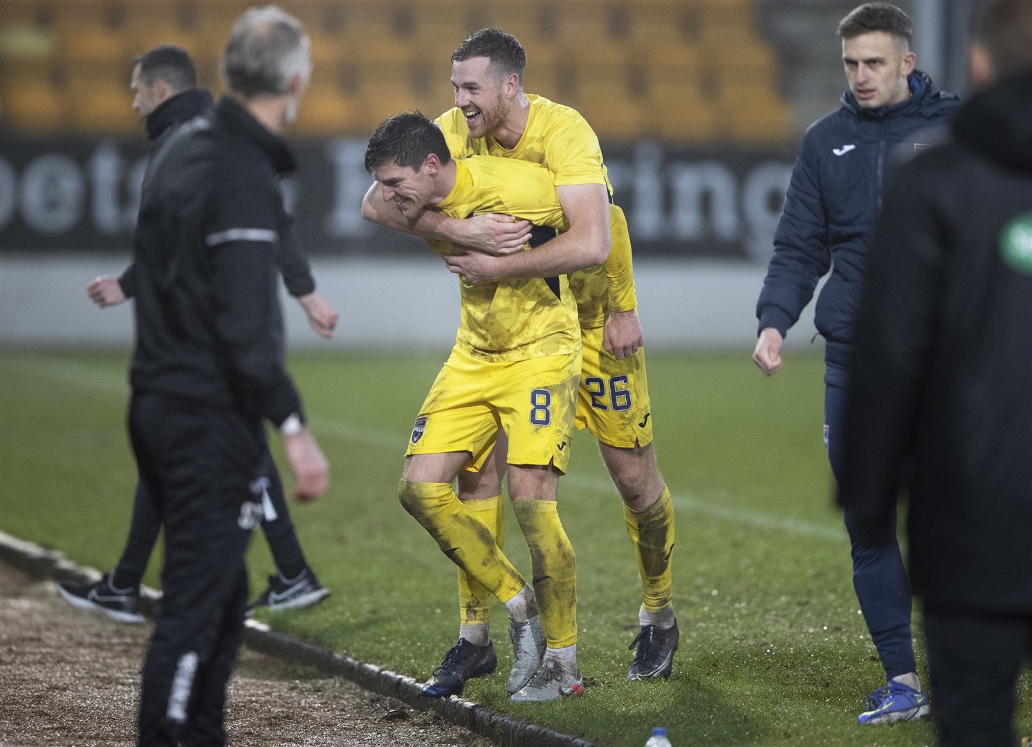 St Johnstone v Ross County…22.12.21 McDiarmid Park SPFL Ross Callachan and Jordan White celebrate at full time Picture by Graeme Hart. Copyright Perthshire Picture Agency Tel: 01738 623350 Mobile: 07990 594431