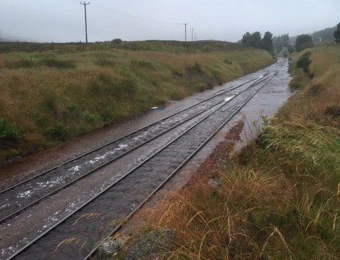 Flooding on the track near Carrbridge. Picture by Network Rail Scotland.