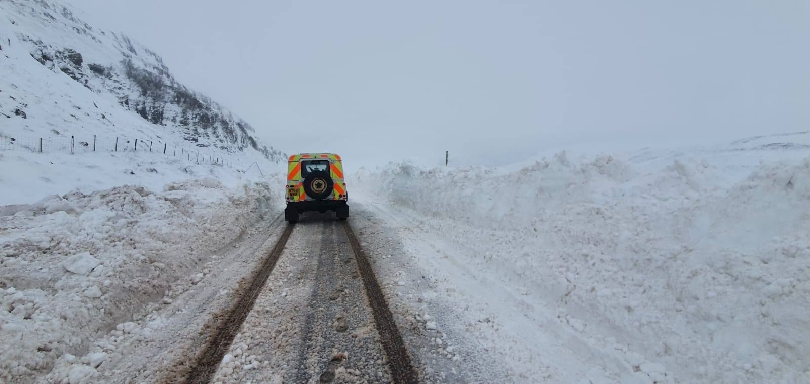 Conditions remain challenging despite efforts to unblock the road. Picture: Police Scotland