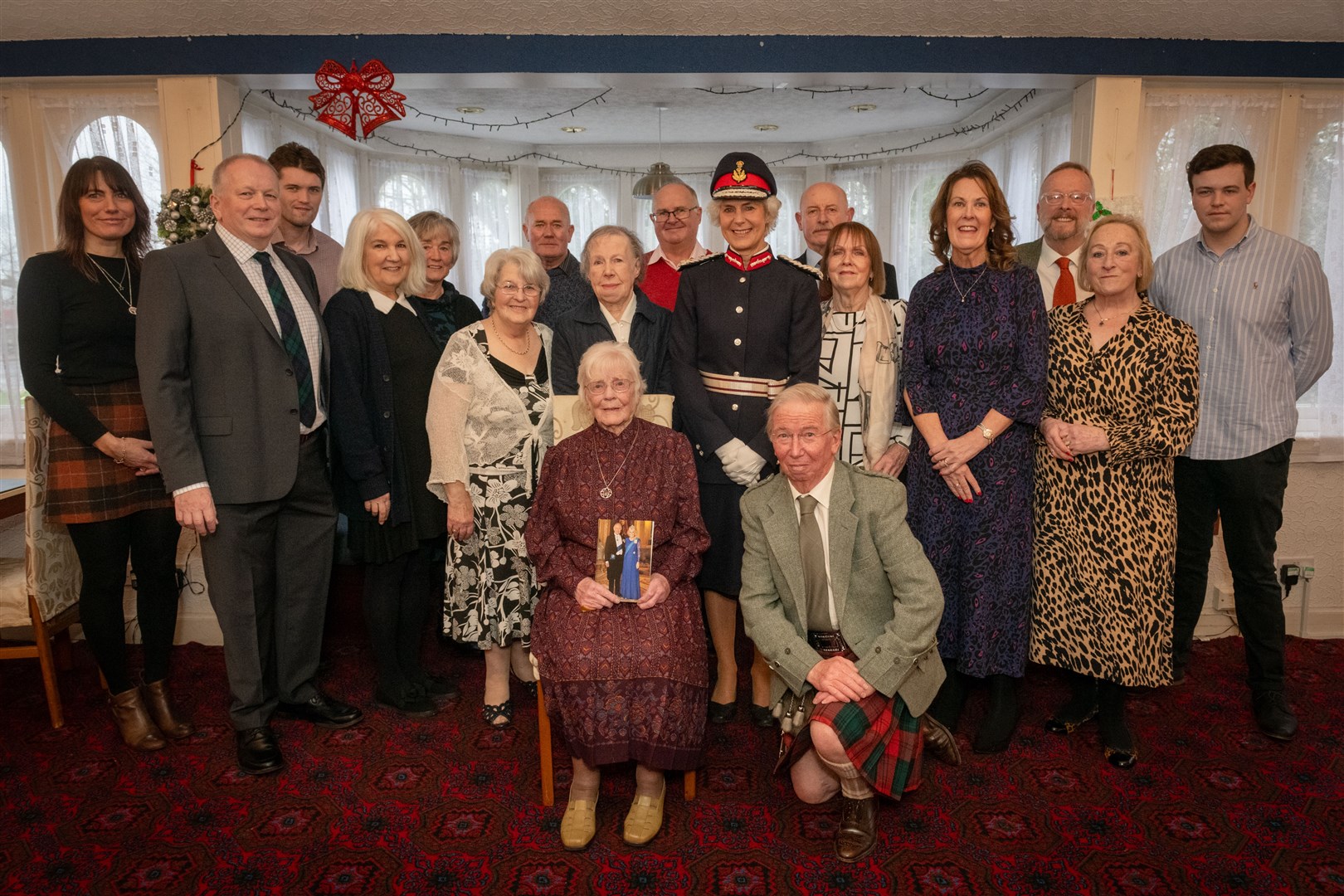 Katharine Ross (seated) with Lord Lieutenant Joanie Whiteford and friends at a family at a celebration of her milestone. Picture: Callum Mackay