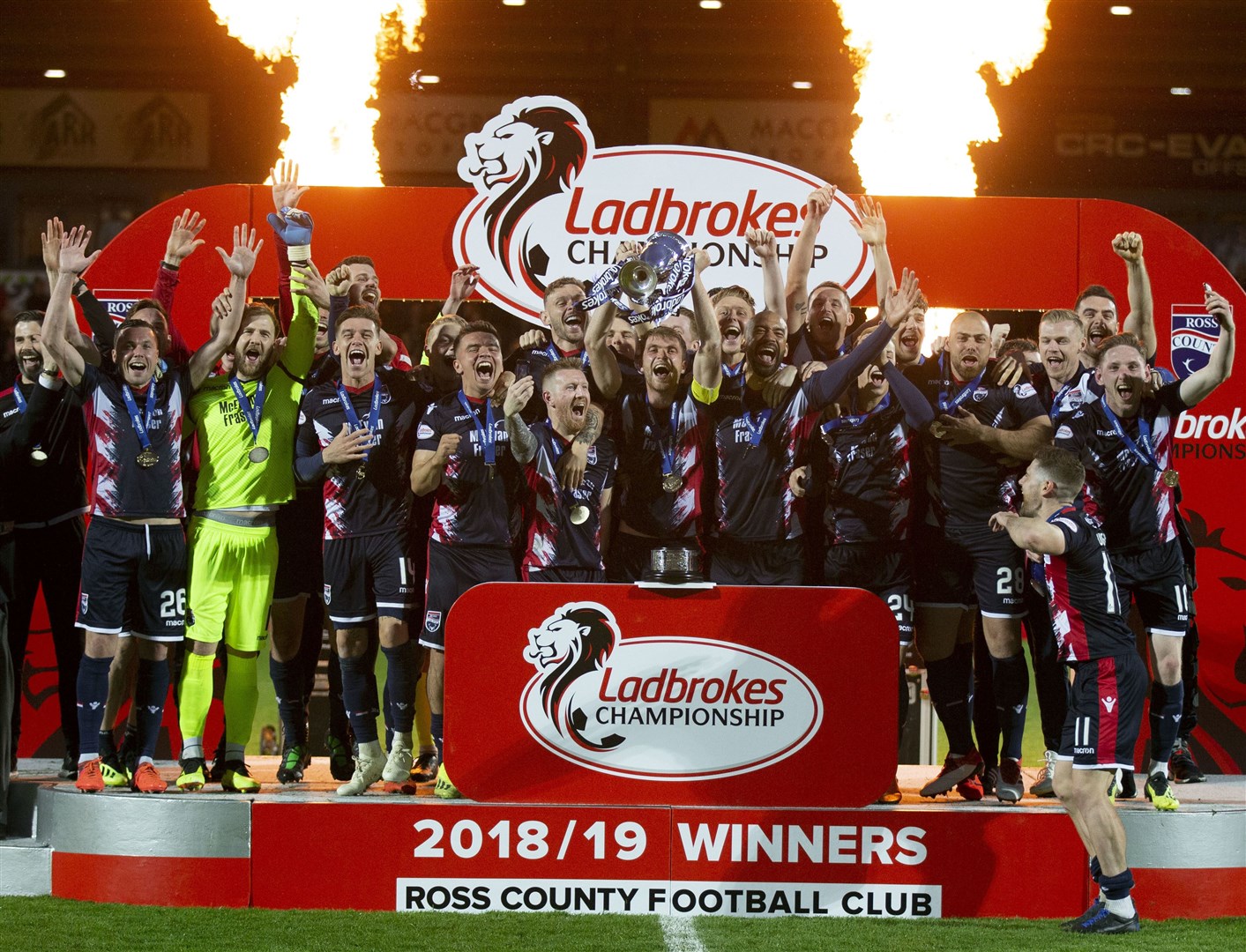 Ross County celebrate winning the Championship trophy last Friday. Picture: Ken MacPherson