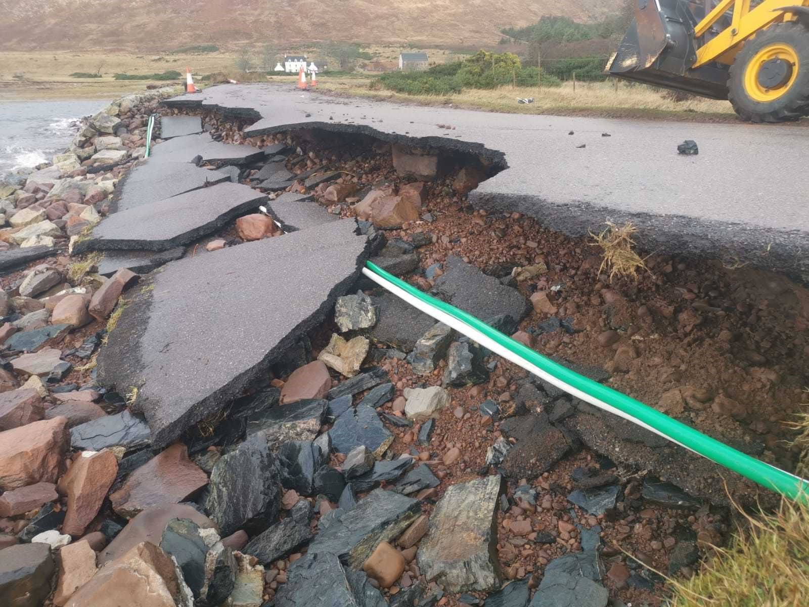 The damage to the main road at Applecross, with Highland Council repair crews on site. Pictures: Highland Council.