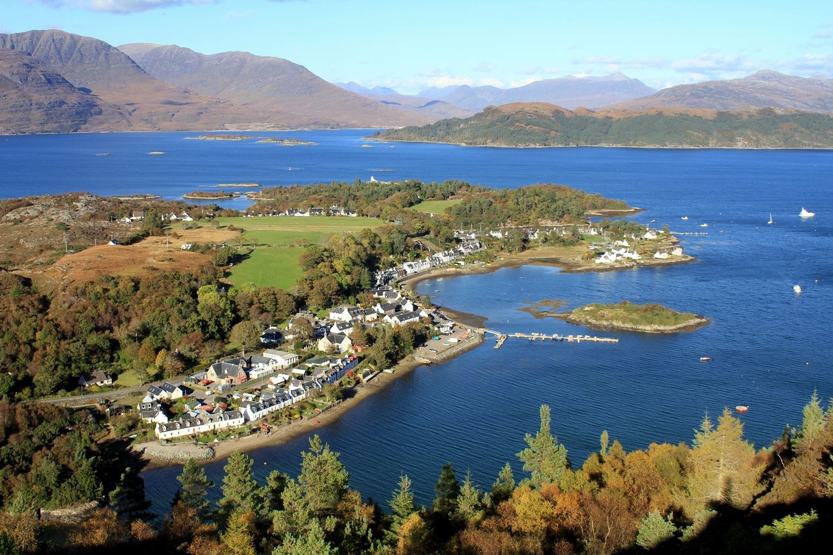 Plockton with the primary school towards the bottom left of the picture.