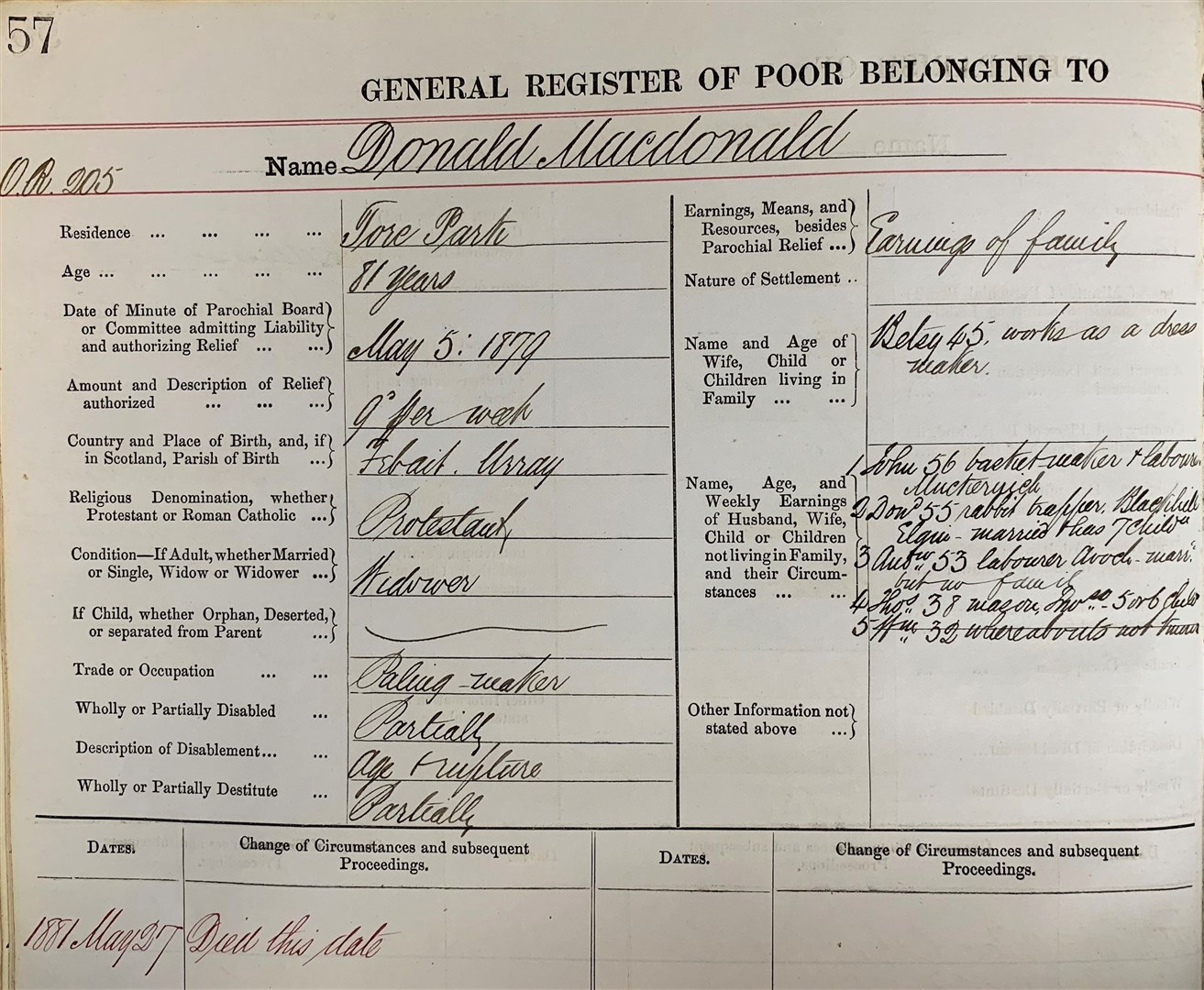 Killearnan General Register of Poor showing Fionn’s great-grandfather Donald Macdonald, 1869-1923.