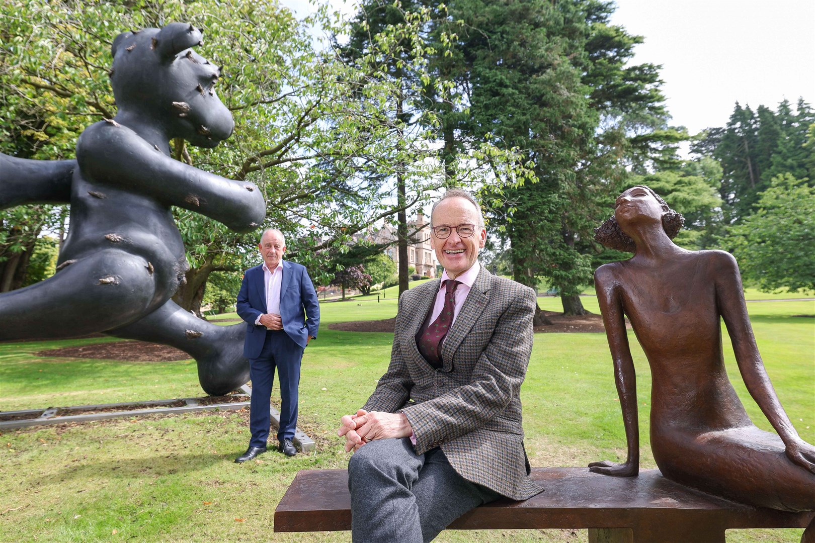 Oliver Gormley (L), of Gormleys, and Howard Hastings, chairman of Hastings Hotels, with Patrick O’Reilly’s Larger Rhan Life, the largest single-piece Irish sculpture to ever come to the art market (Press Eye/PA)