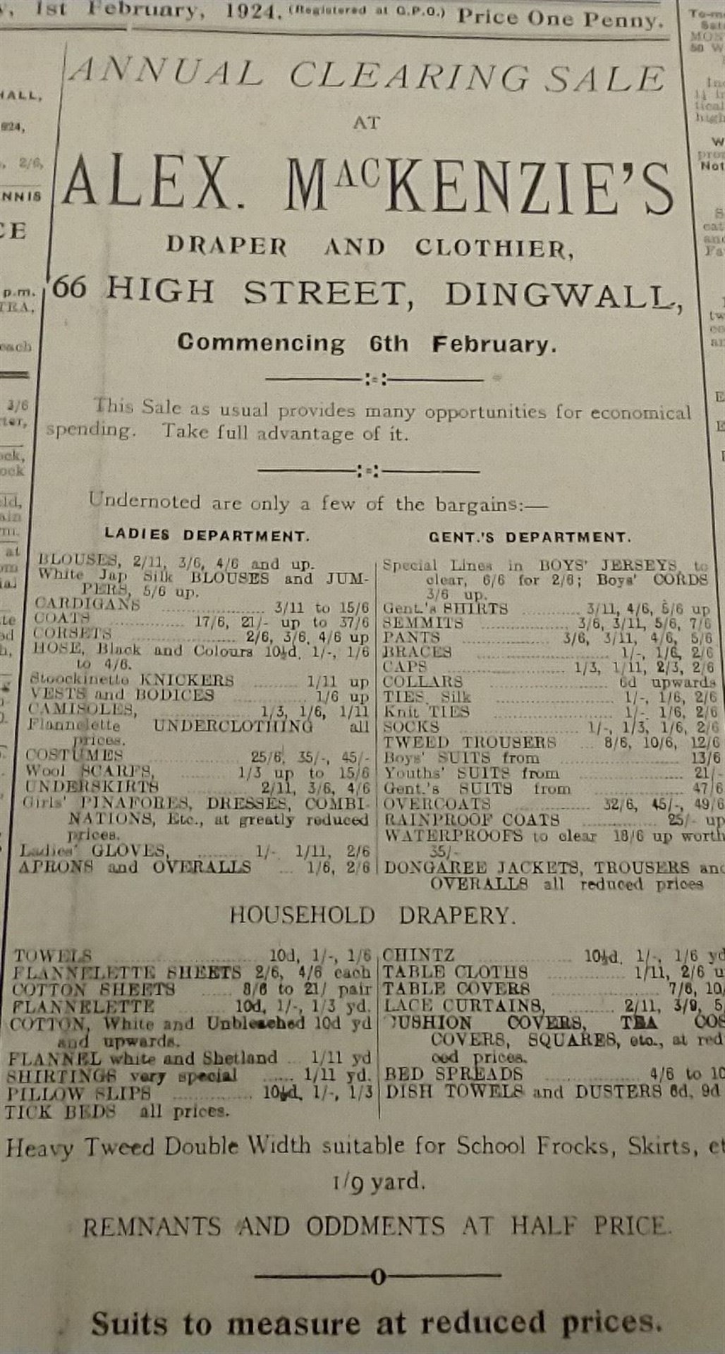 An advert from the Ross-shire Journal in February, 1924. Picture: Hector Mackenzie