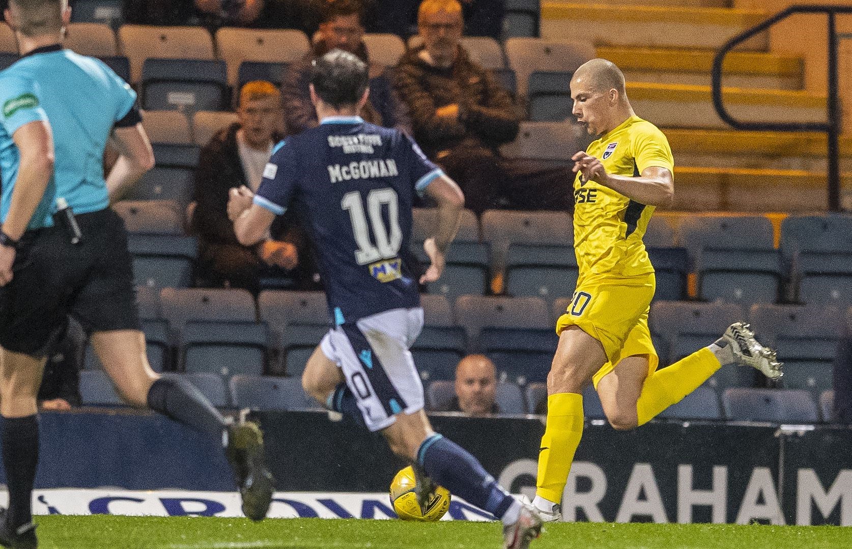 Harry Clarke opened the scoring for Ross County as they went on to beat Dundee 5–0 in the Premiership. Picture: Andy Barr