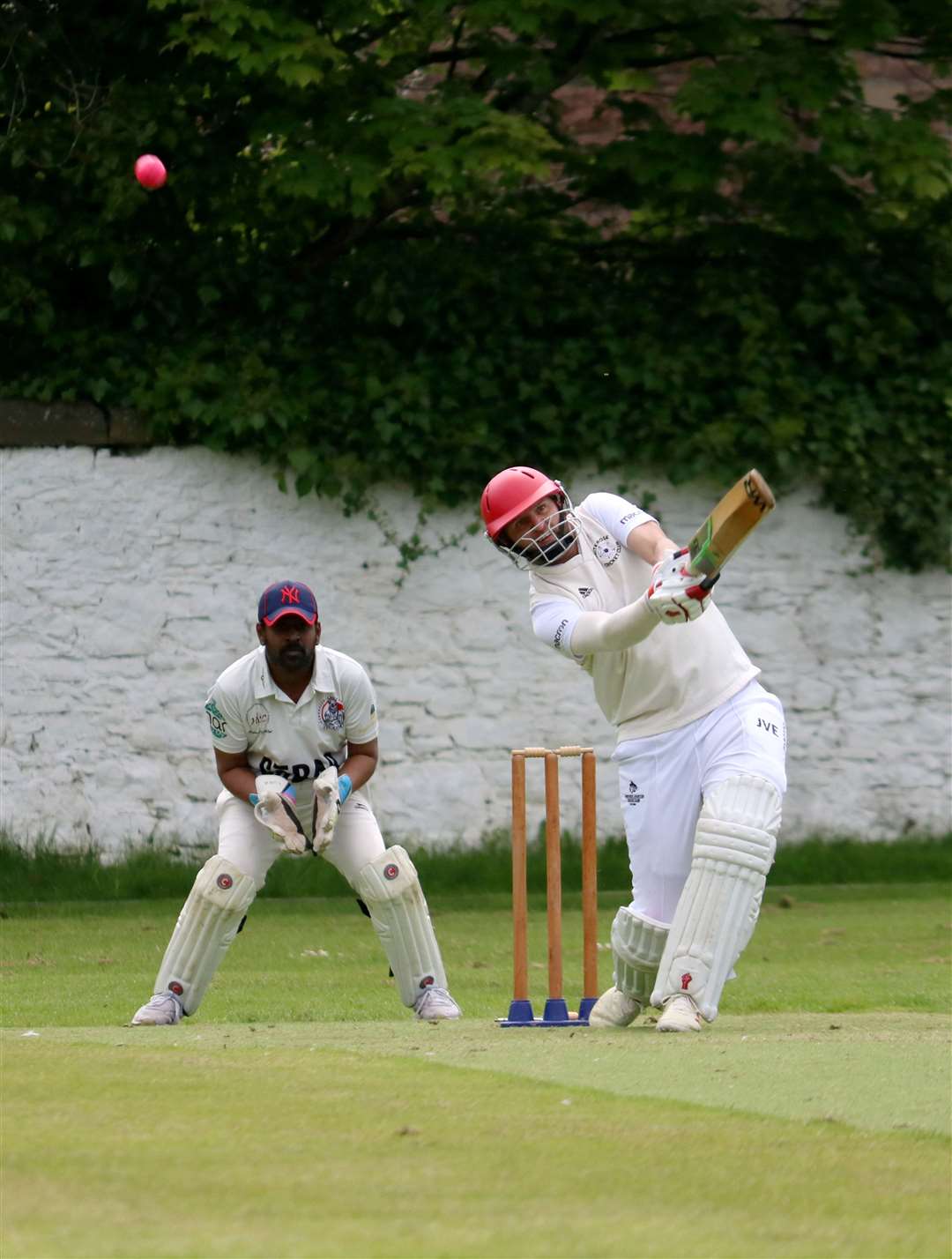 Northern Counties v Highland cricket friendly at the Northern Meeting Park..J. Vanee batting with Diwa ready to catch the ball..Picture: James Mackenzie..