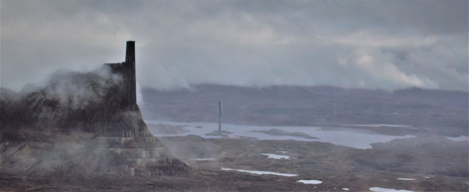 Suilven, pictured ont he left of shot, was transformed into a base and temple for the episode, but is still clearly recognisable. ©2023 Lucasfilm Ltd. & TM. All Rights Reserved.