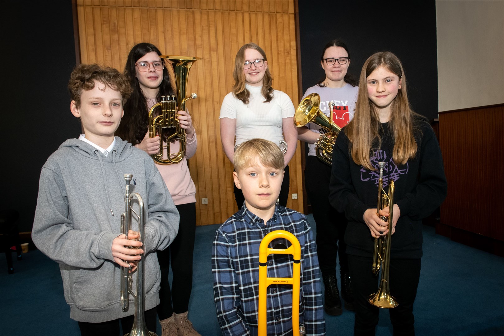 Brass (back from left): Esther Magee (Dingwall Academy); Eilidh Boyd (Lossiemouth, overall winner), Catriona Magee (Dingwall Academy). Front from left: Rory Bain, (Tain Royal Academy), Evan Donaldson (Inverness Gaelic Primary School) and Violet Gunn (Tain Royal Academy). Picture: Callum Mackay