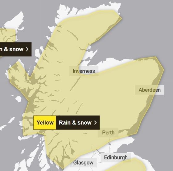 THe area covered by the rain and snow warning on Saturday. Picture: Met Office.