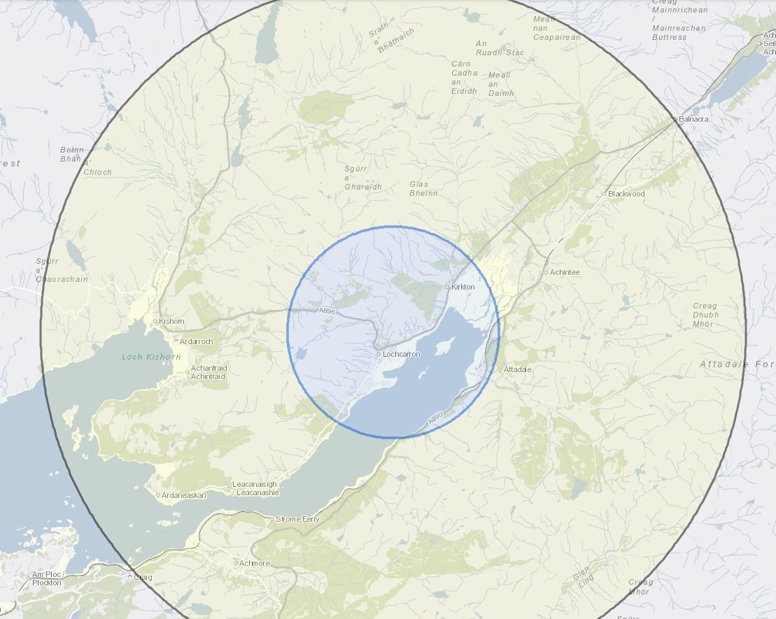 The area covered by the protection zone is located within the smaller blue circle, while the surveillance zone applies to areas within the larger dark circle.