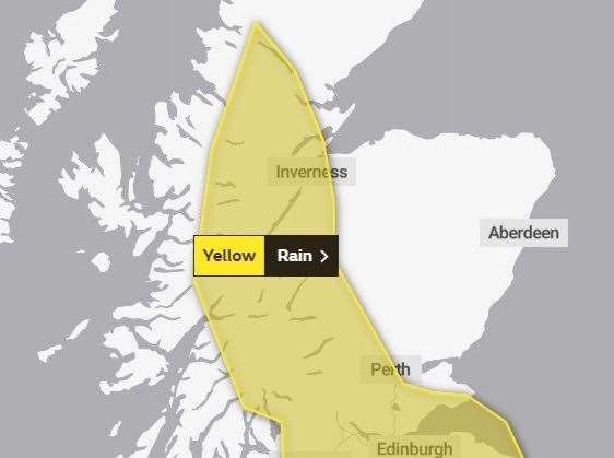 The yellow warning comes into force at 1pm on Tuesday and ends at 9pm on the same day. Picture: Met Office.