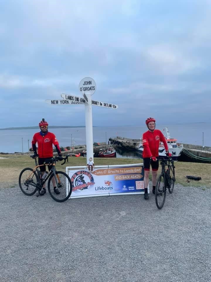 ...and they're off! Drew and Norman get under way from John O'Groats this morning.