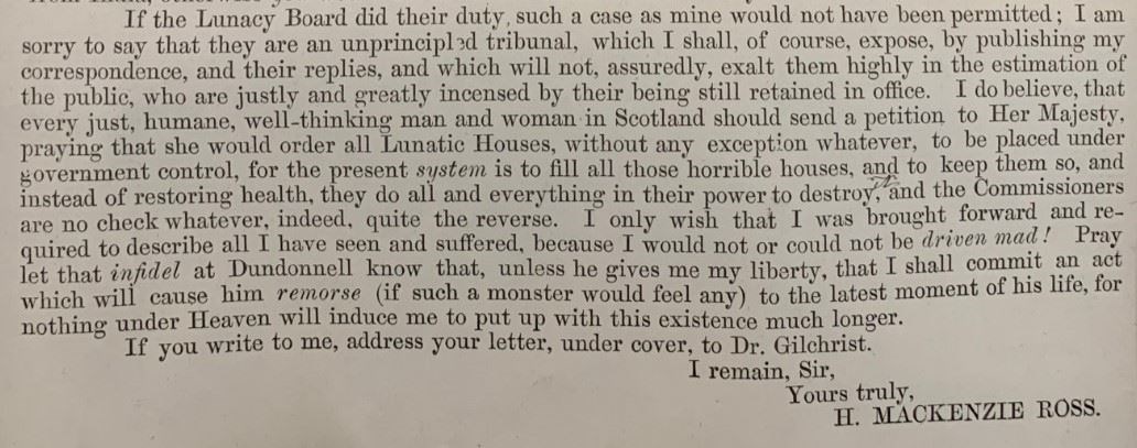 A section of a letter written by Helen Mackenzie-Ross whilst a patient at Chrichton Asylum, 1862.