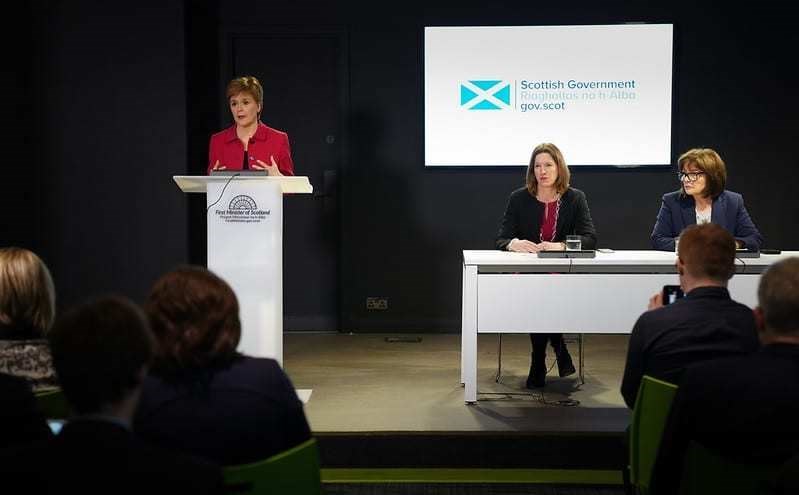 First Minister Nicola Sturgeon at her daily coronavirus briefing, with former chief medical officer Catherine Calderwood who resigned at the weekend and health secretary Jeane Freeman.