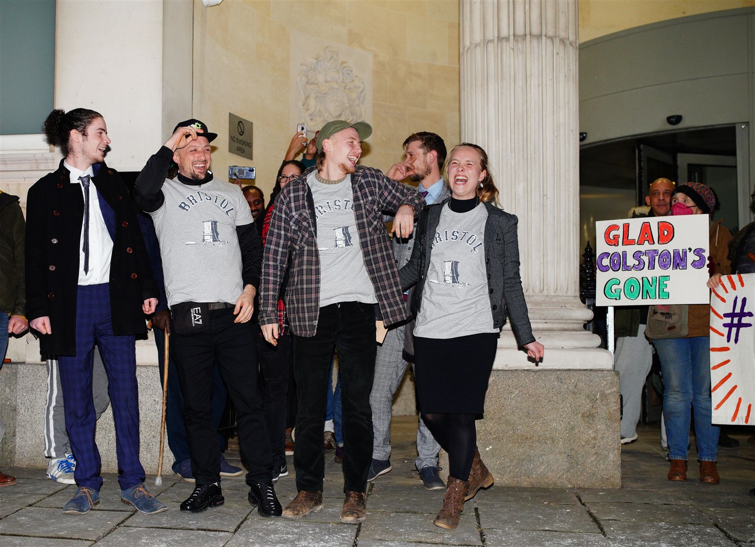 Sage Willoughby, Jake Skuse, Milo Ponsford and Rhian Graham outside Bristol Crown Court (Ben Birchall/PA)