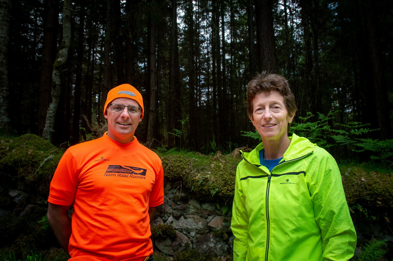 Stephen Fraser, chairman of Nairn Road Runners, and Gillian Cummins at the spot where she was attacked by the buzzard.