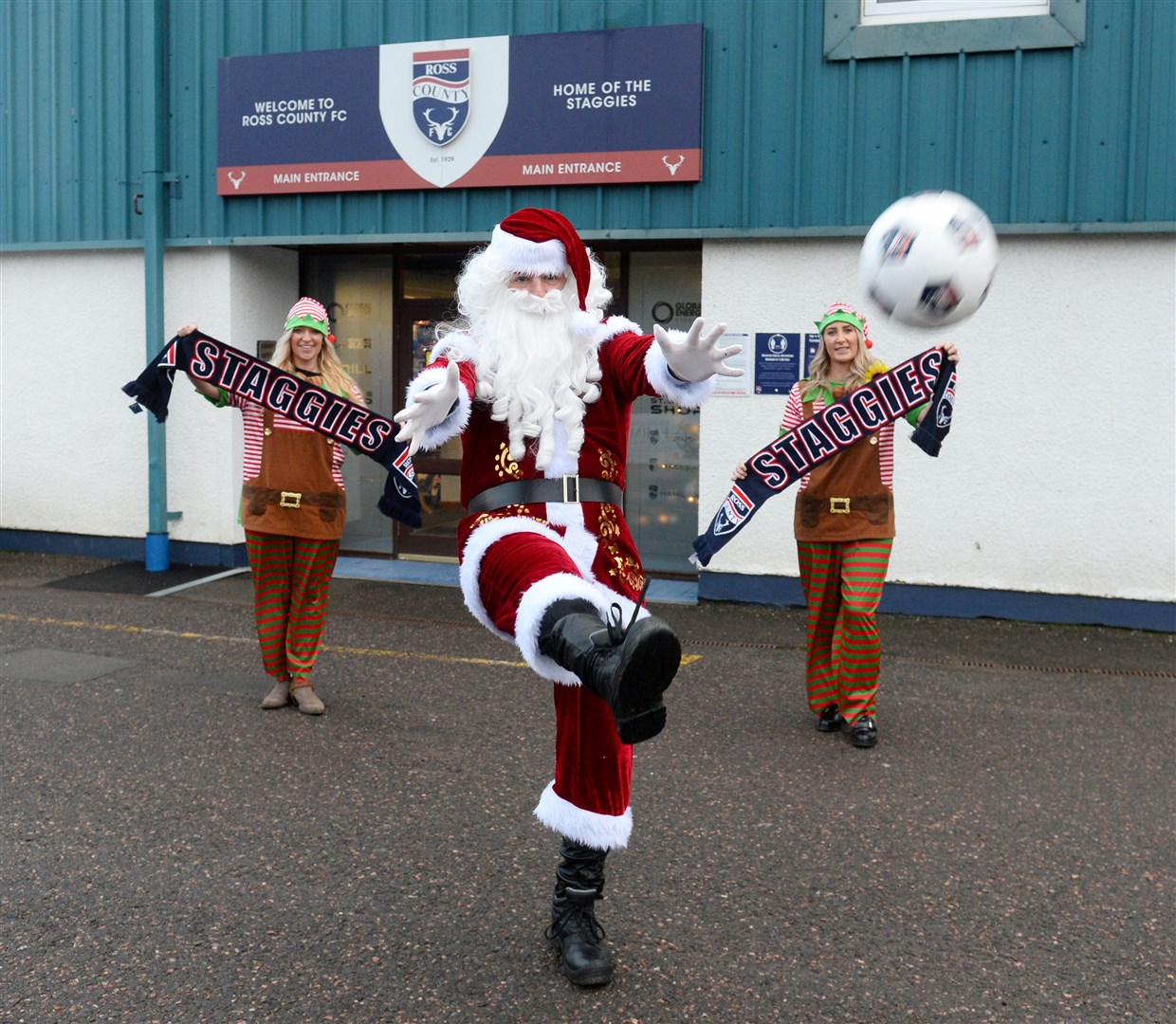 Kicking off the festive season at the Global Energy Stadium for Santa's grotto were Liam Christie with elves Karen Duff and Jenna Hayden. Picture: Gary Anthony..