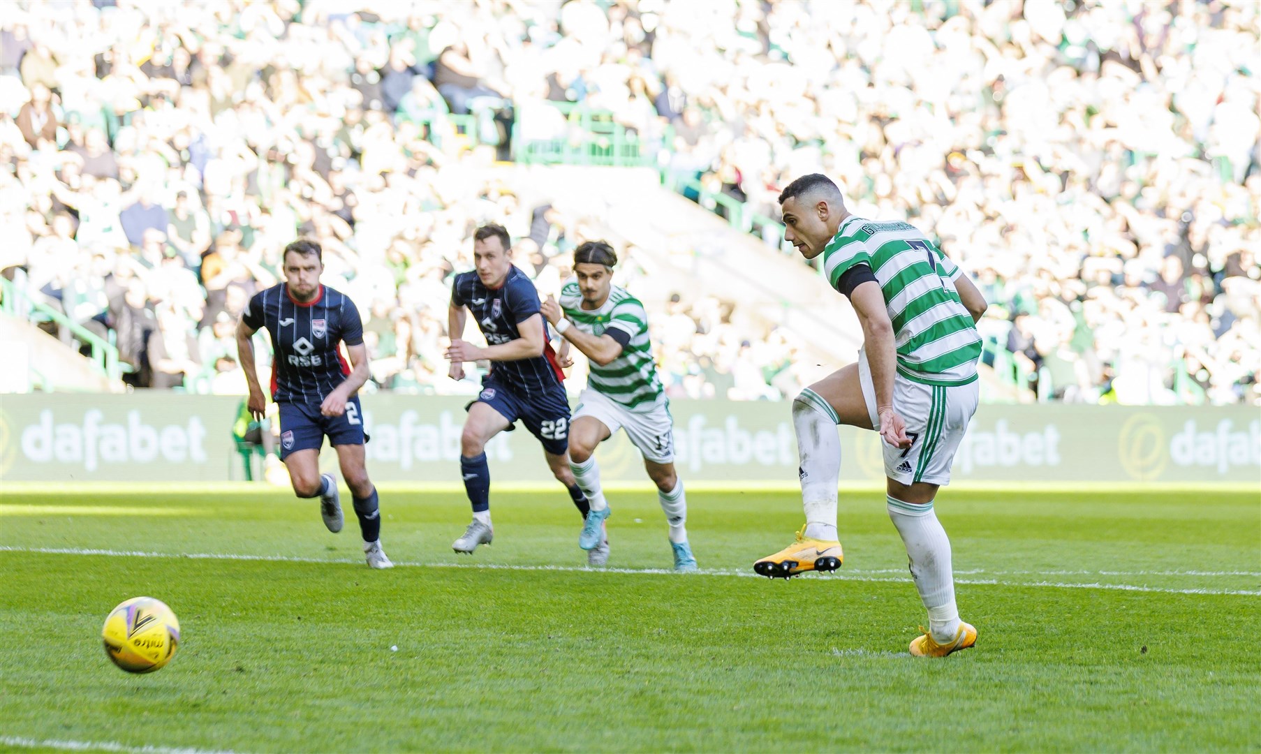 Celtic’s Giorgios Giakoumakis scored from the penalty spot to complete his hat trick against Ross County. Picture: Kenny Ramsay
