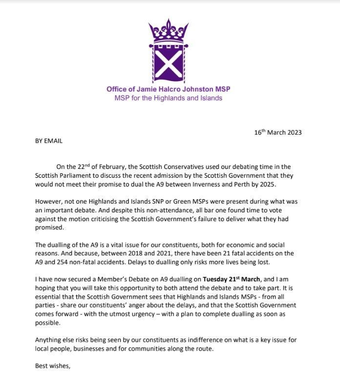 The letter sent out by Highlands reigonal MSP Jamie Halcro Johnston.