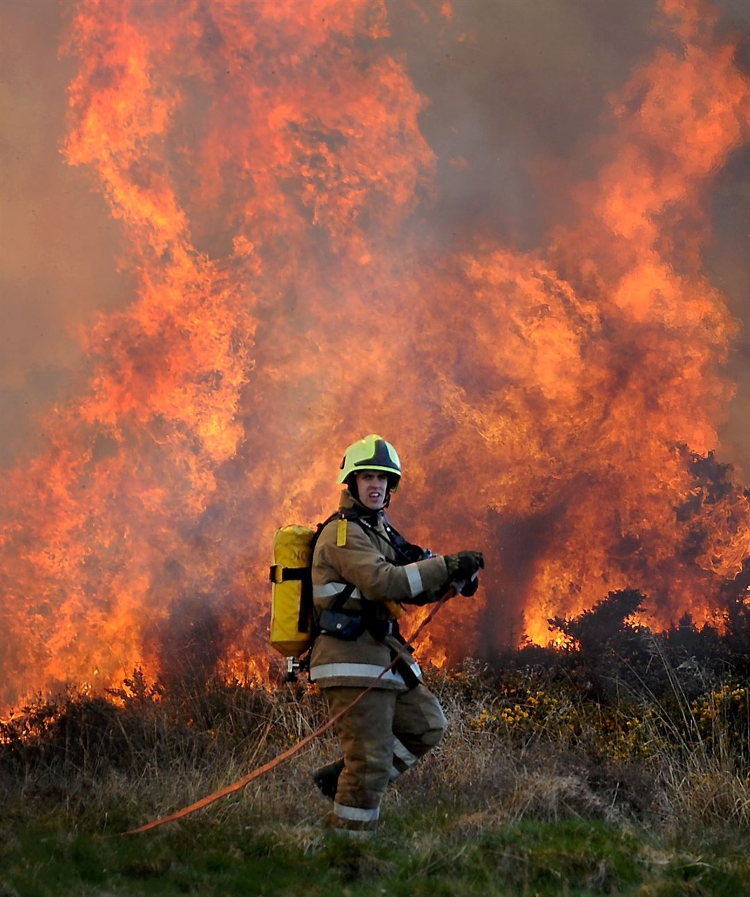 A firefighter tackles a wildfire.