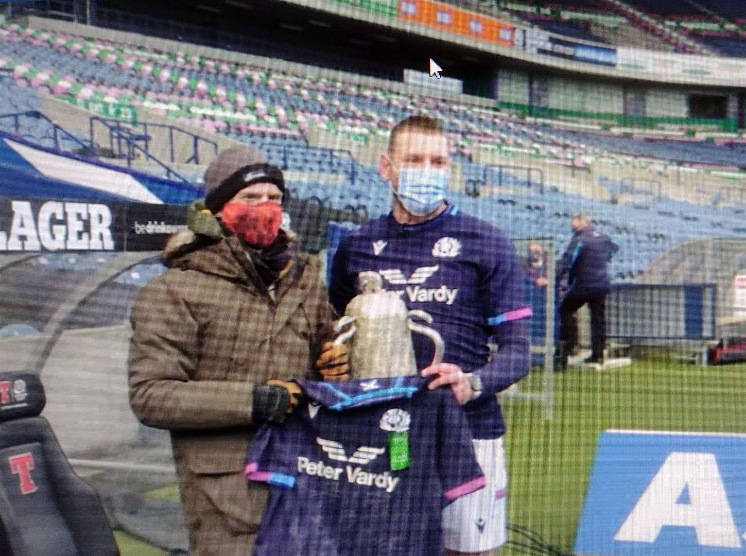 Jack Calvert with Finn Russell at Murrayfield in March. Photo by SRFU.