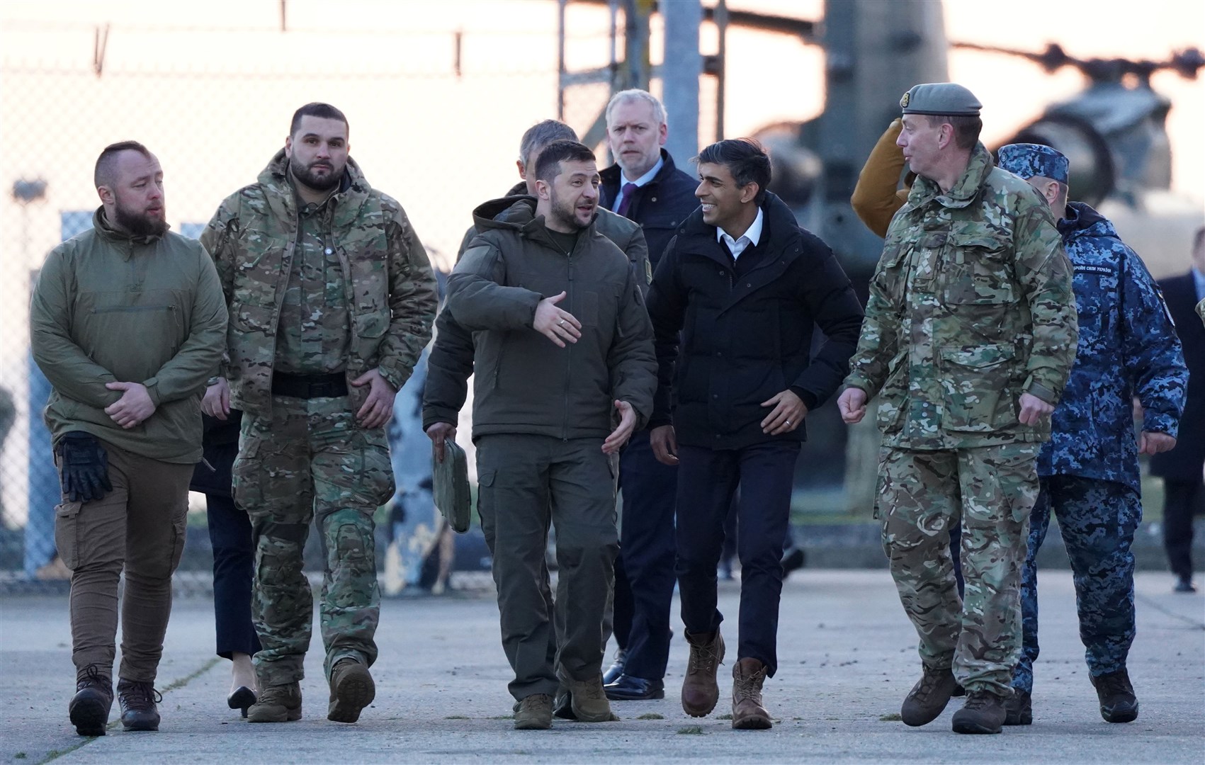 Ukrainian President Volodymyr Zelensky and Prime Minister Rishi Sunak met Ukrainian troops being trained to command Challenger 2 tanks (Andrew Matthews/PA)