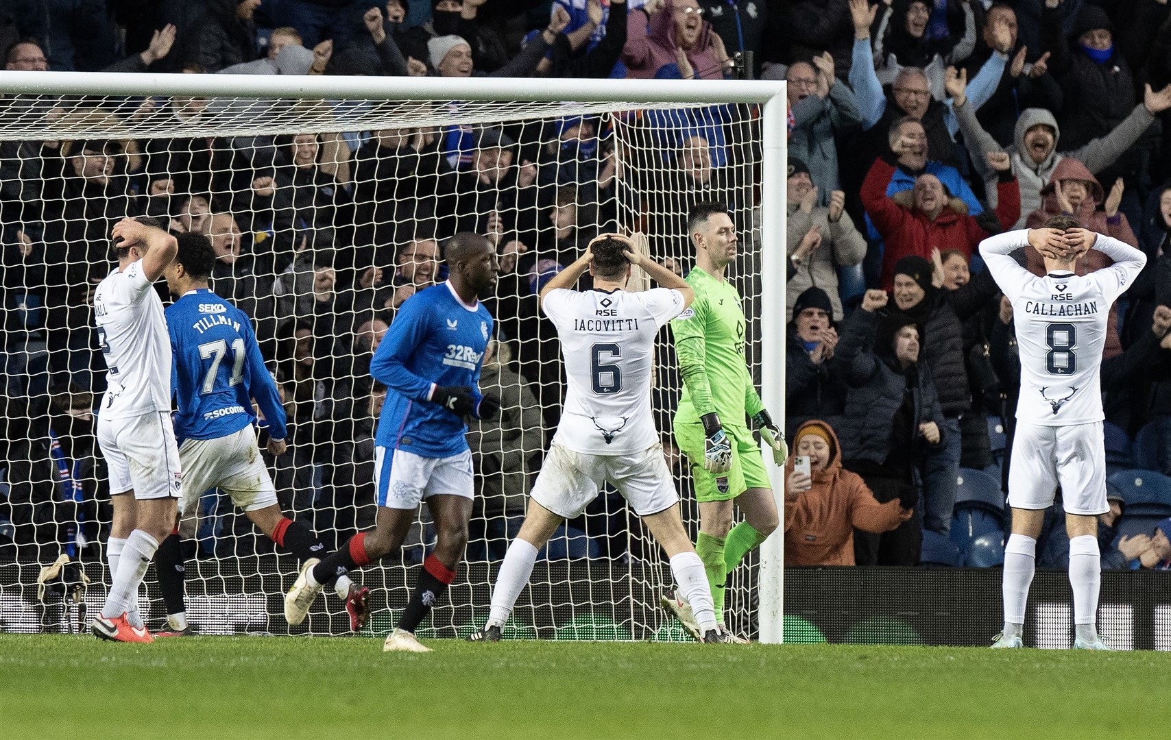 Picture - Ken Macpherson. Rangers(2) v Ross County(1). 04/02/23. This free-kick from Rangers' Borna Barisic took a massive deflection past Ross County 'keeper Ross Laidlaw for the winning goal.