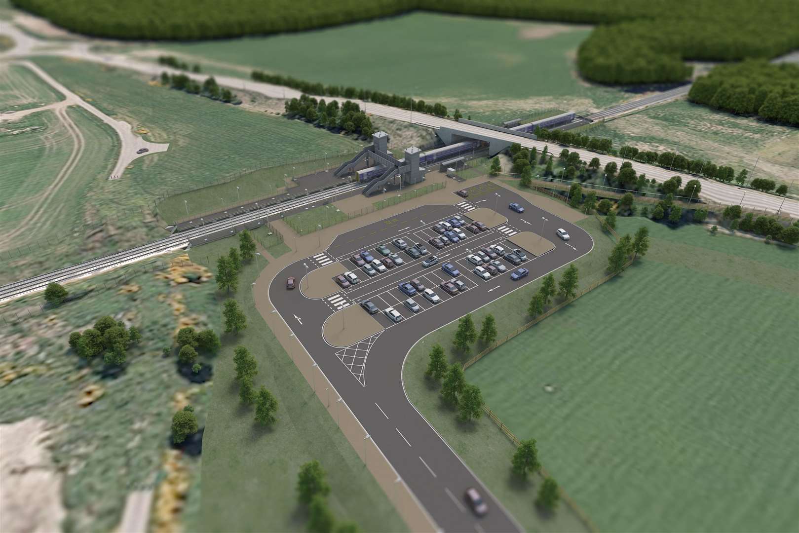 An artist's impression of the planned new railway station at Dalcross, next to Inverness Airport. Picture: Network Rail.
