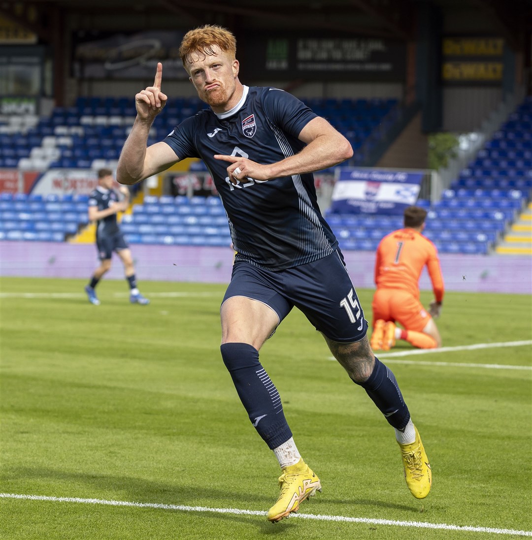 Picture - Ken Macpherson. SCOTTISH LEAGUE CUP (Viaplay Cup) group stage: Ross County(2) v Morton(1). 22.07.23. Ross County's Simon Murray celebrates after scoring the winning goal.